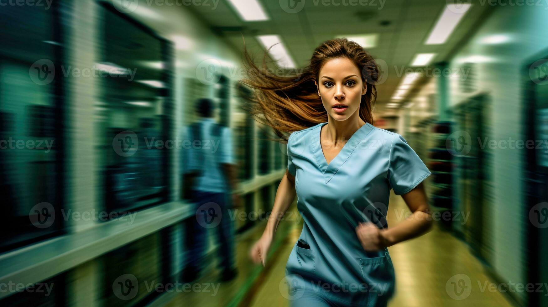 de kvinna läkare löpning nervöst i de sjukhus korridor. generativ ai foto