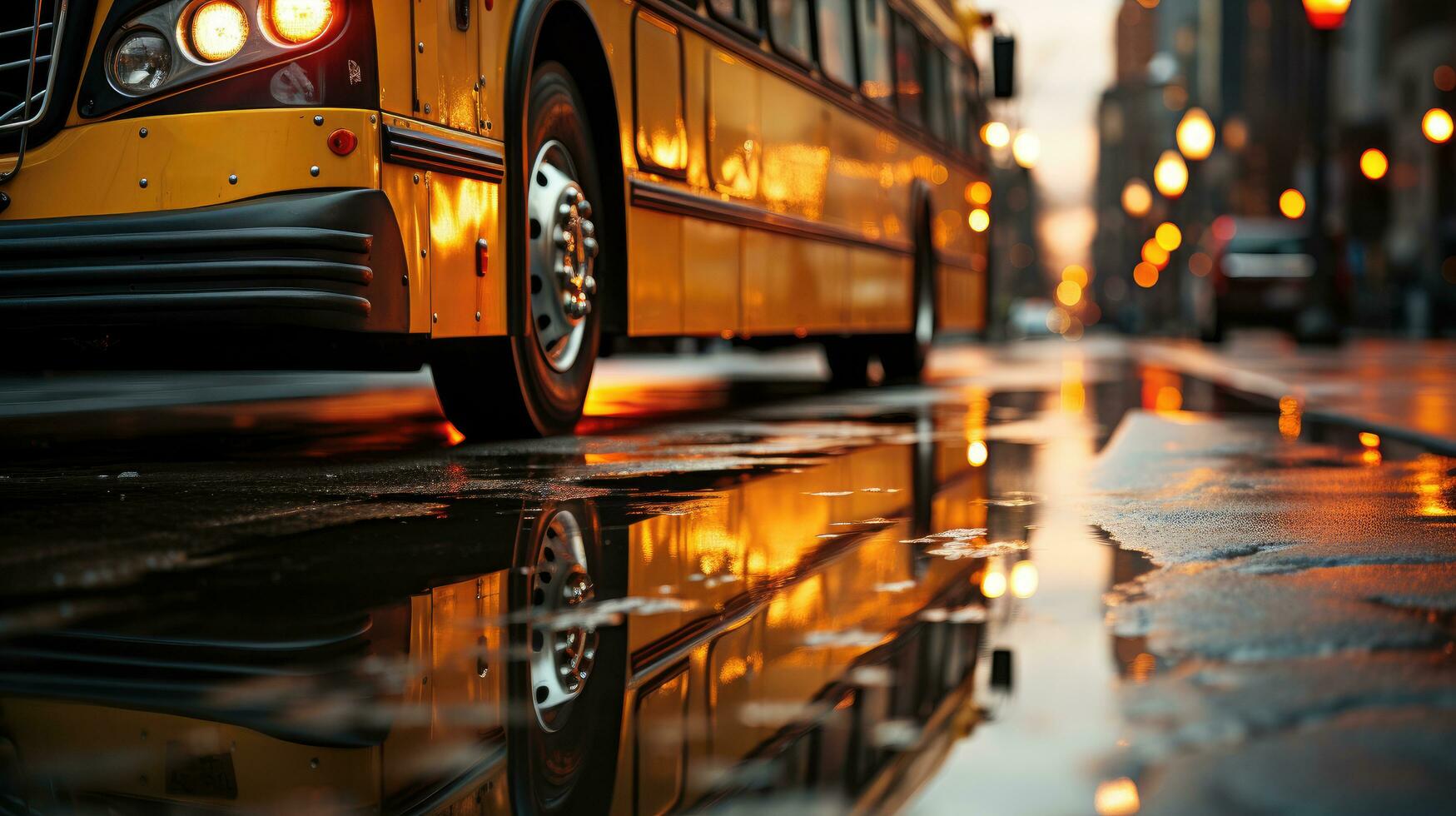 närbild Foto av skola buss på de väg. generativ ai