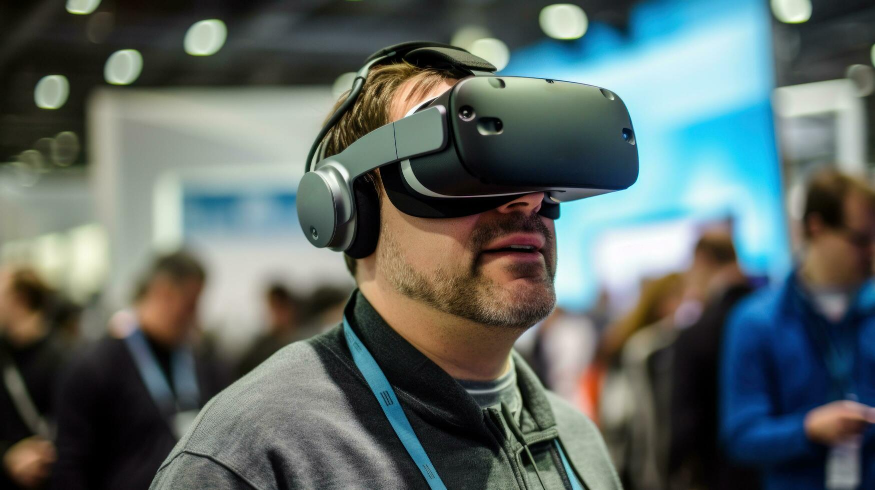 person använder sig av virtuell verklighet glasögon på en teknologi rättvis. generativ ai foto