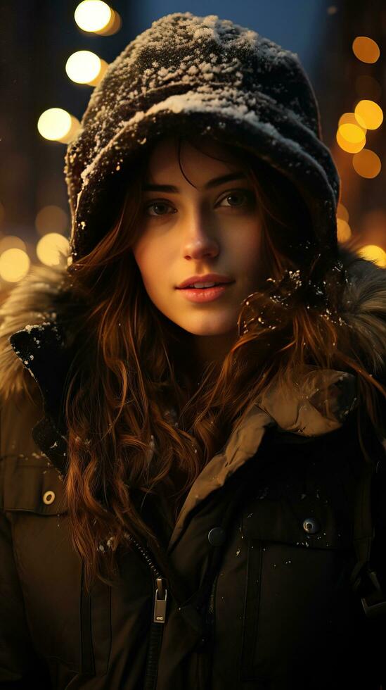skön kvinna i de vinter- natt foto