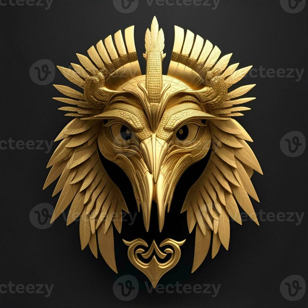 Hök guld quetzalcoatl huvud symmetrisk platt ikon design med svart bakgrund foto