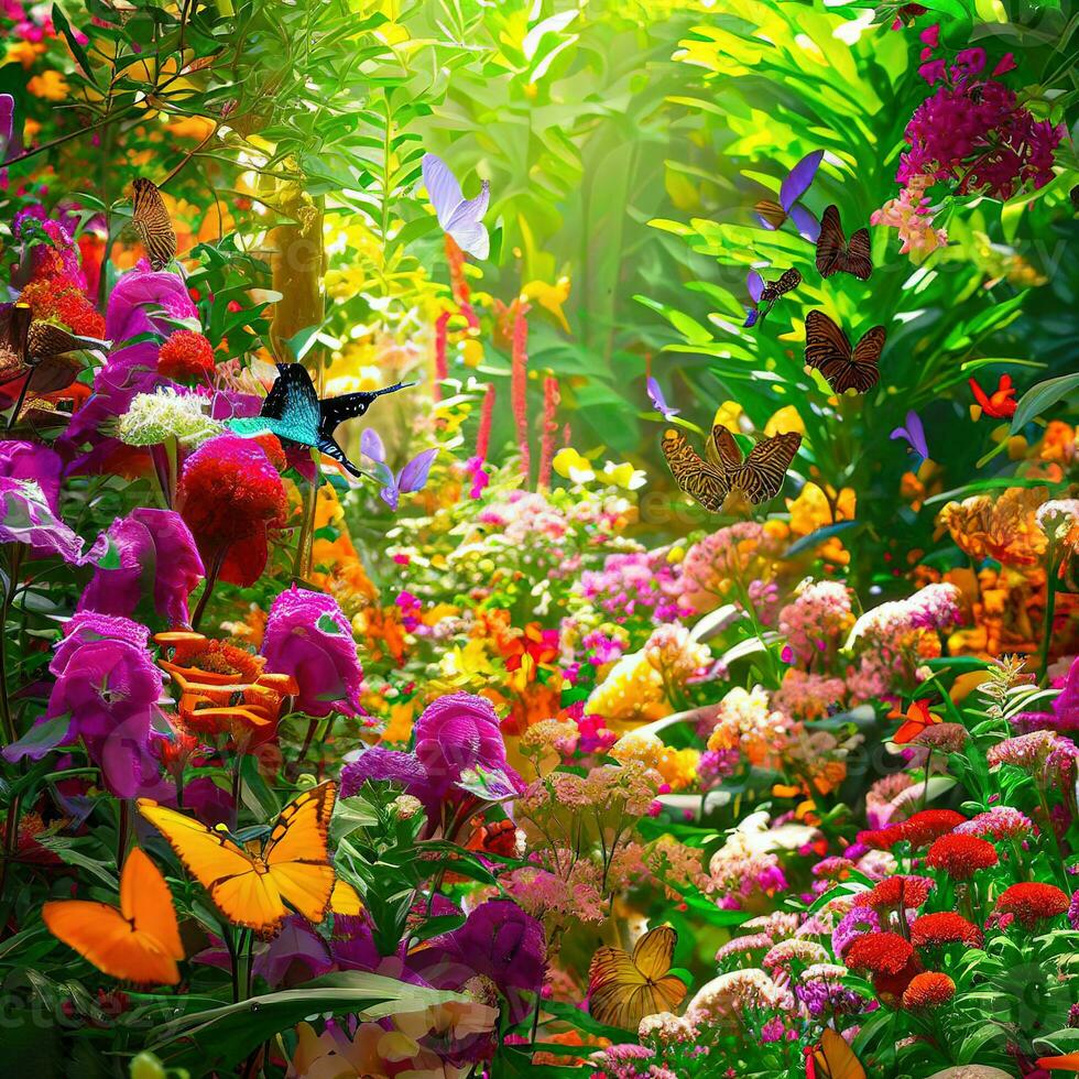 blomma trädgård med fjärilar, blommor blomning i parkera, färgrik, doftande blommor ,ai genererad foto