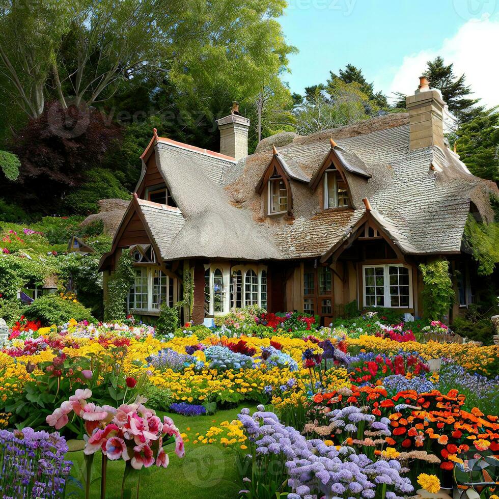 skön eco vänlig hus, ängel hus med blommor naturlig, natur ,ai genererad foto