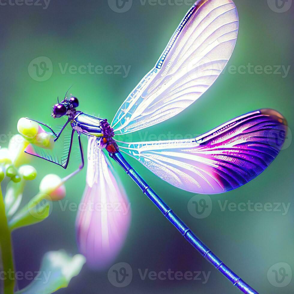 en trollslända delikat balanserar på en vild blomma, liknar en dansare i flyg ,ai genererad foto