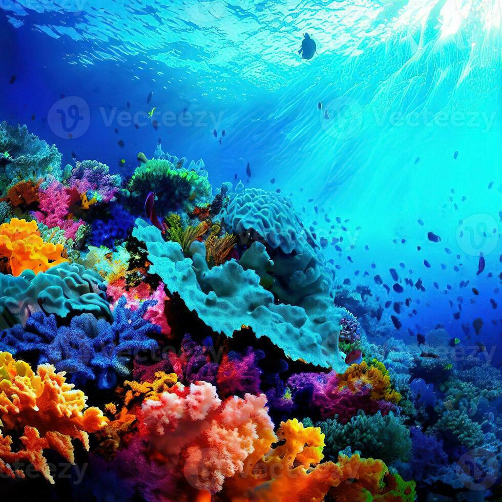 bra barriär rev, under vatten värld fisk under hav gräs korall rev färgrik korall ,ai genererad foto