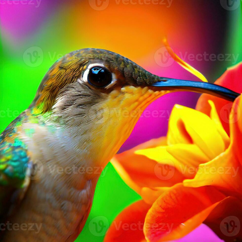 kolibri på blomma, kolibri flygande på blomma, brummande på blomma ,ai genererad foto