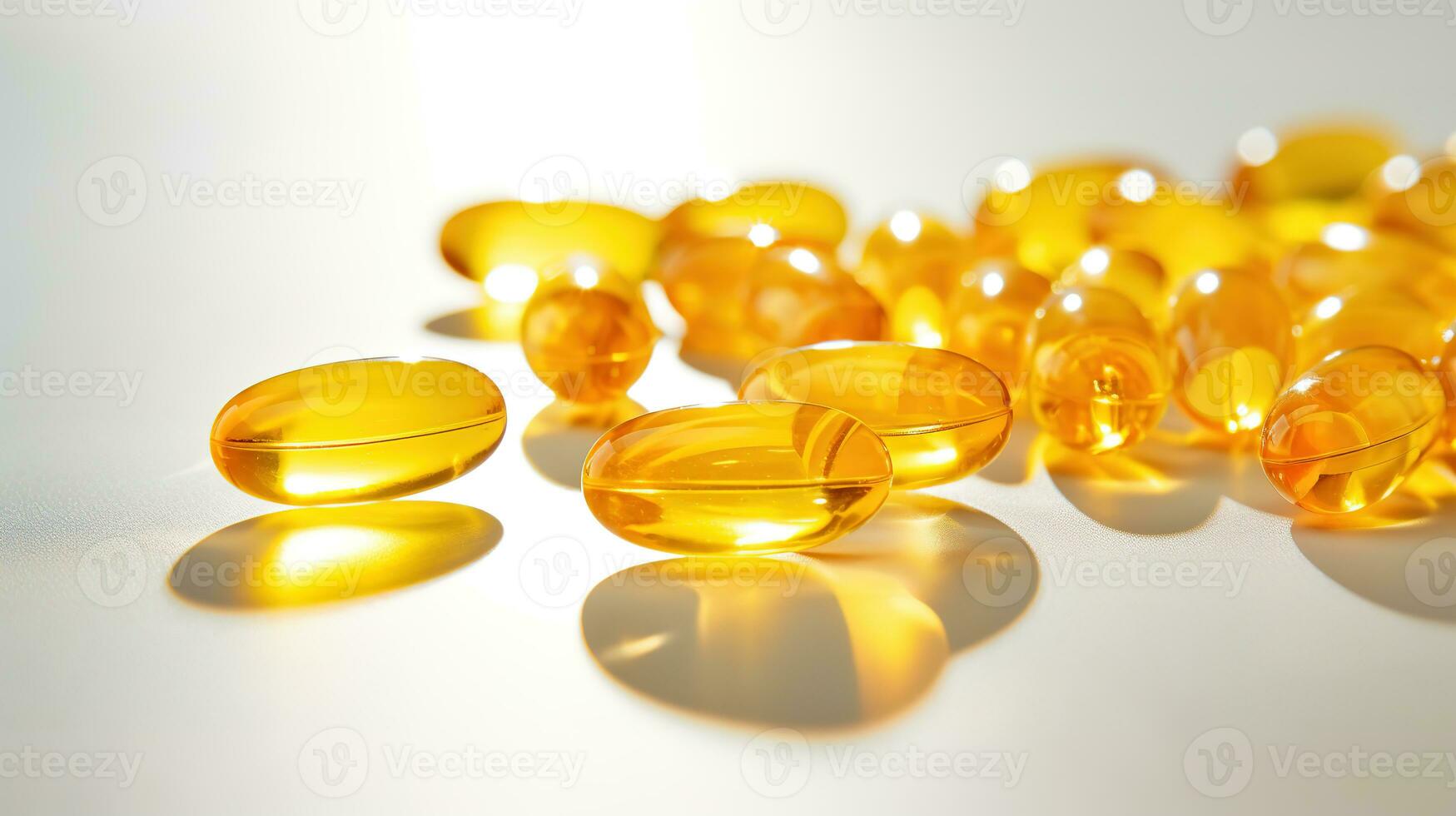 transparent gul vitaminer på en ljus bakgrund. vitamin d, omega 3, omega 6, mat tillägg olja fylld fisk olja, vitamin en, vitamin e, linfrö olja. foto