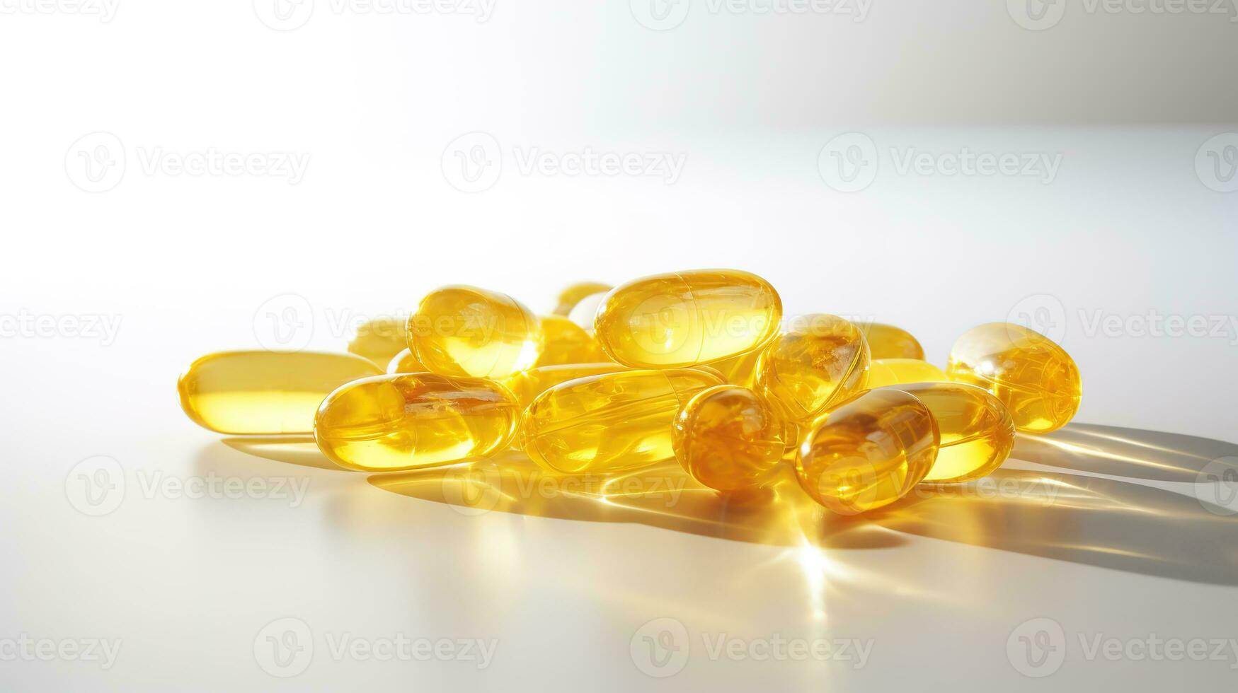 transparent gul vitaminer på en ljus bakgrund. vitamin d, omega 3, omega 6, mat tillägg olja fylld fisk olja, vitamin en, vitamin e, linfrö olja. foto