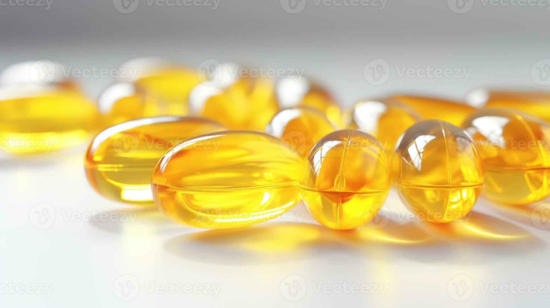 transparent gul vitaminer på en ljus bakgrund. vitamin d, omega 3, omega 6, mat tillägg olja fylld fisk olja, vitamin en, vitamin e, linfrö olja. foto