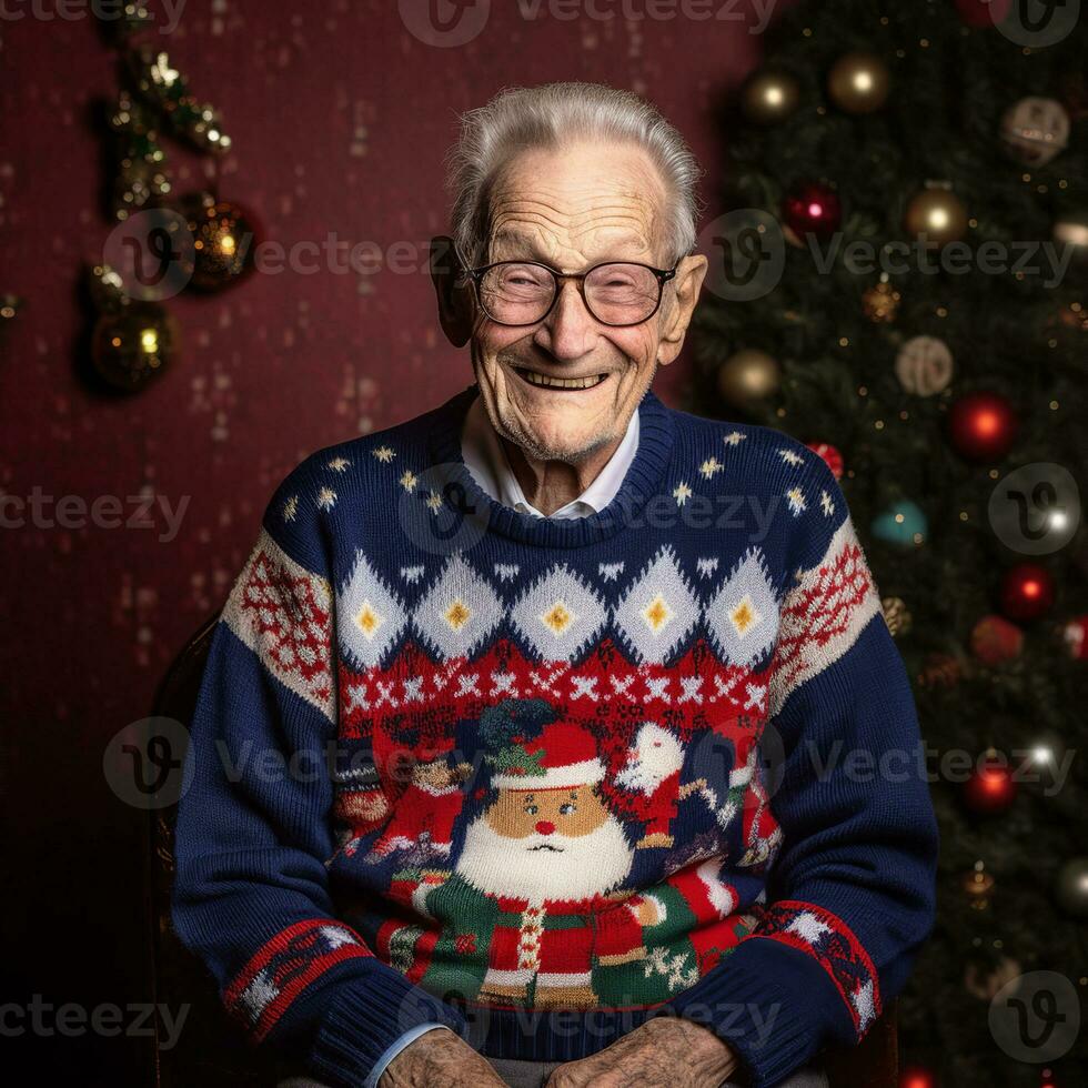 en flin äldre gammal man bär en mysigt jul mot Semester tema bakgrund - ai generativ foto