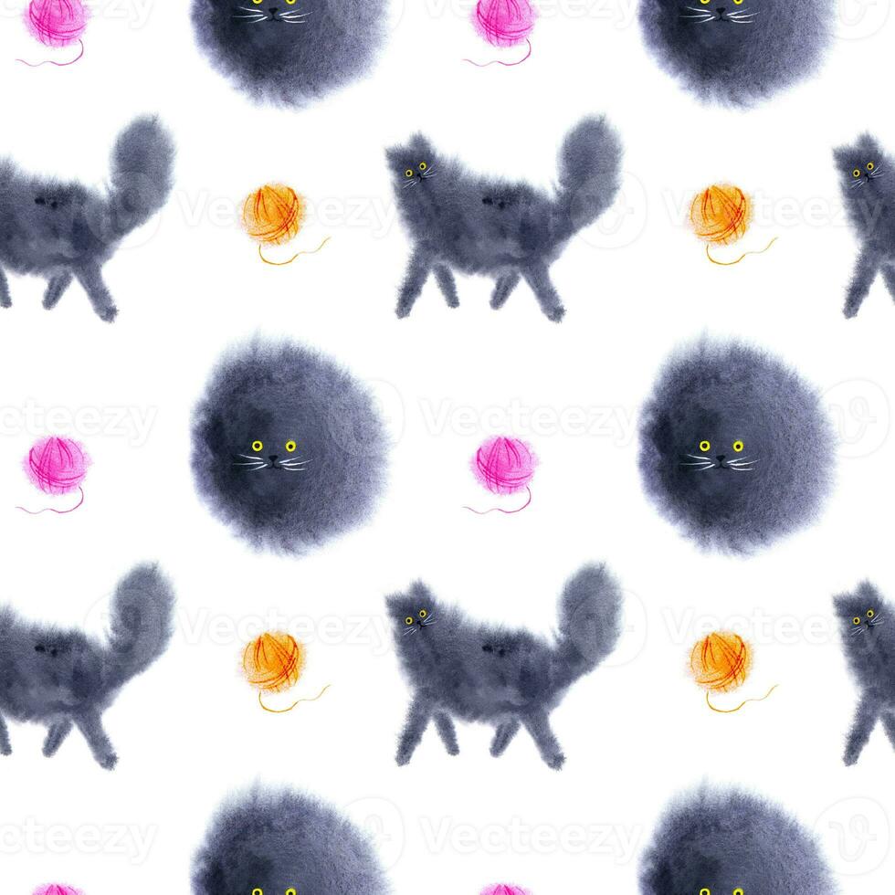 sömlös vattenfärg mönster med katter och bollar av tråd. söt mönster med katter. foto