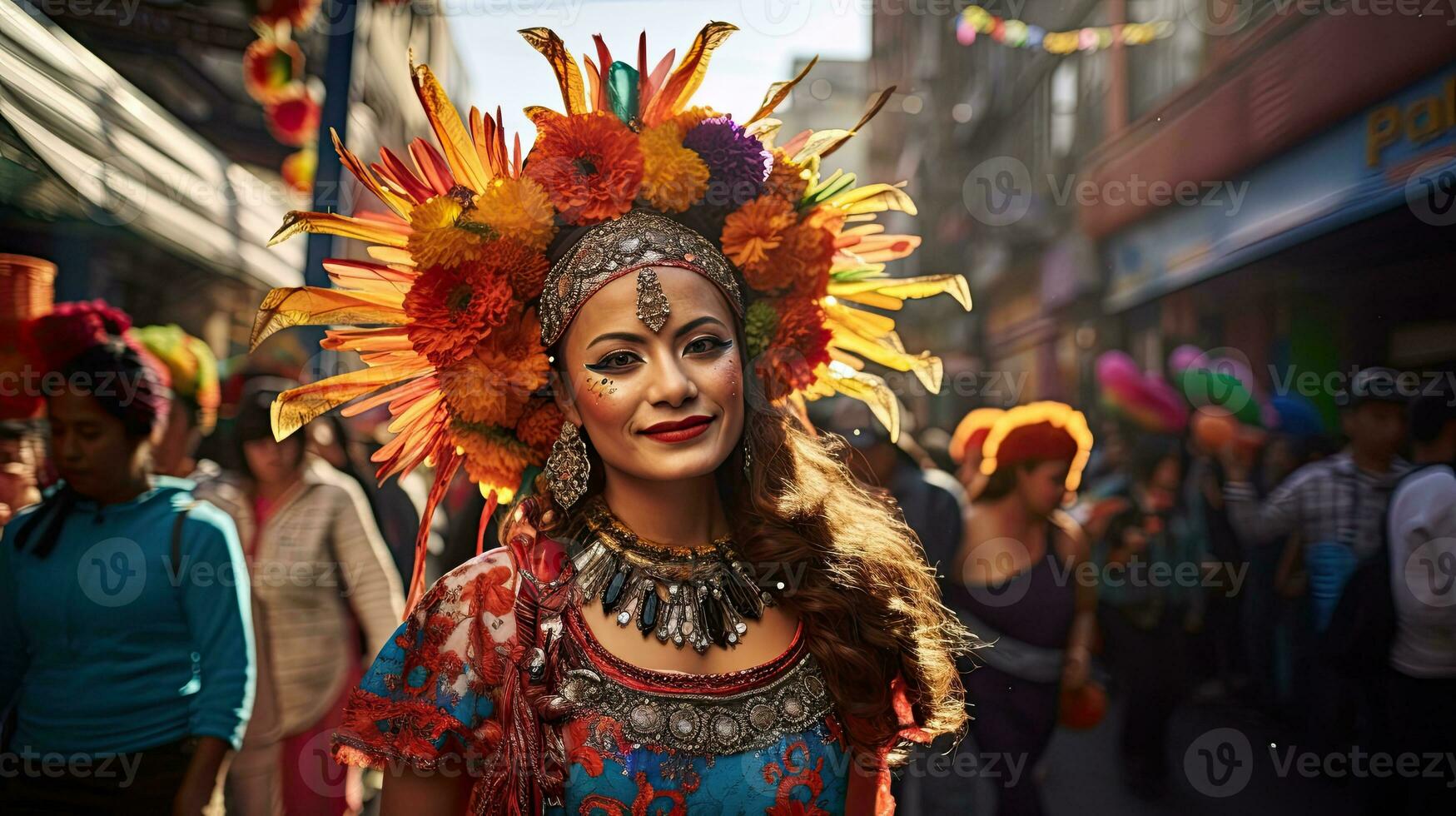 skön kvinna med kostym i de karneval ai generativ foto