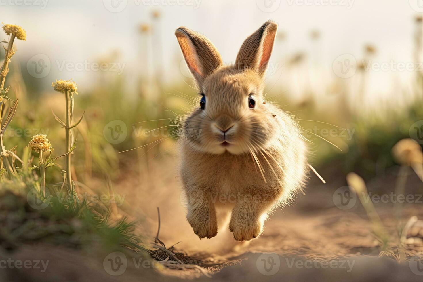 porträtt kanin på de äng med ljus exponering ai generativ foto