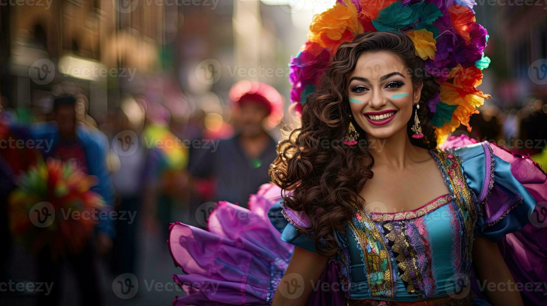 skön kvinna med kostym i de karneval ai generativ foto