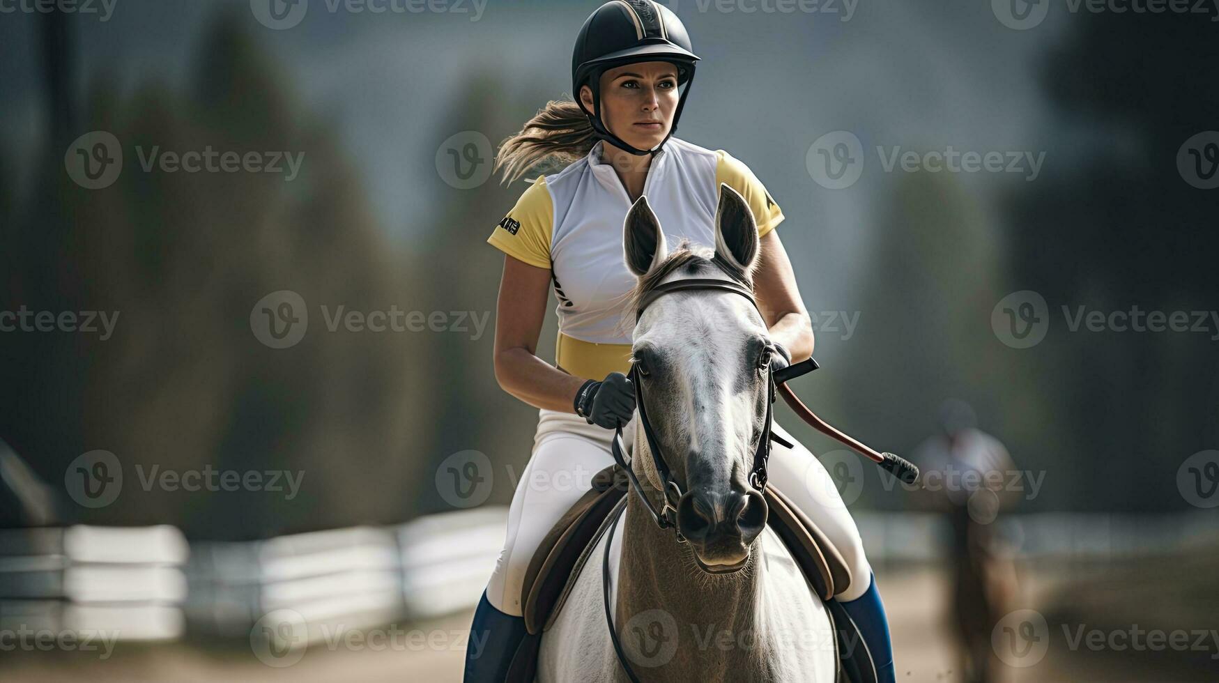 porträtt kvinna ridning en häst i en lopp ai generativ foto