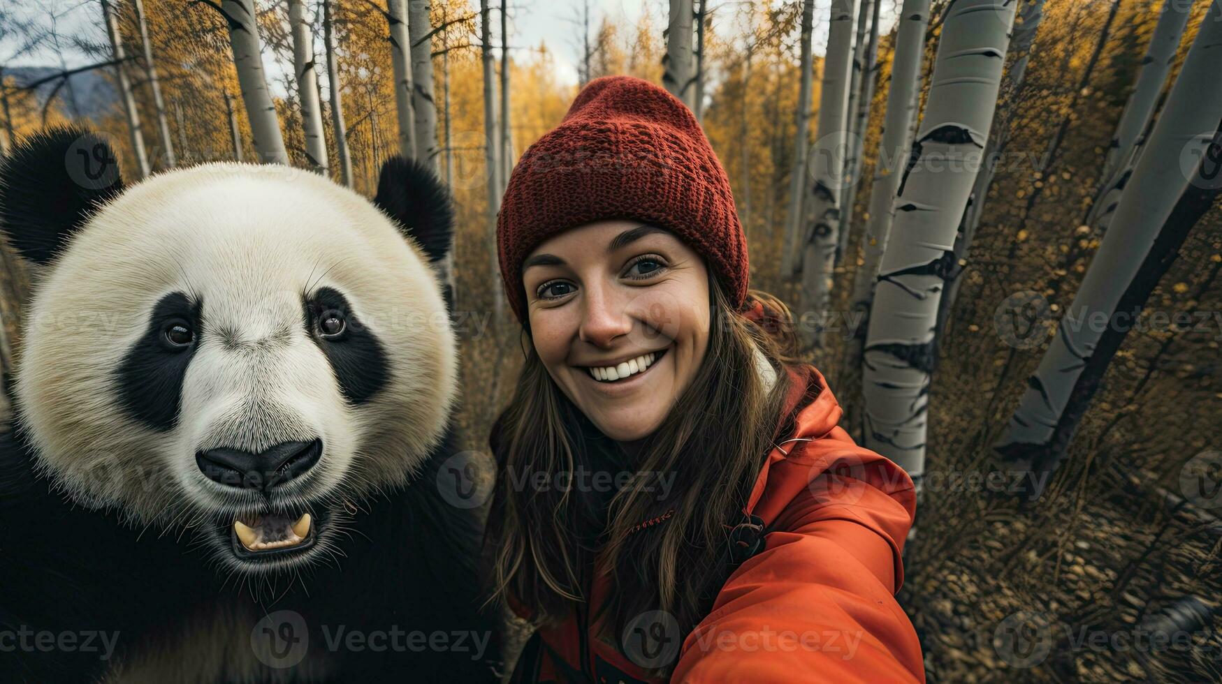 porträtt skön kvinna talande selfie med panda ai generativ foto