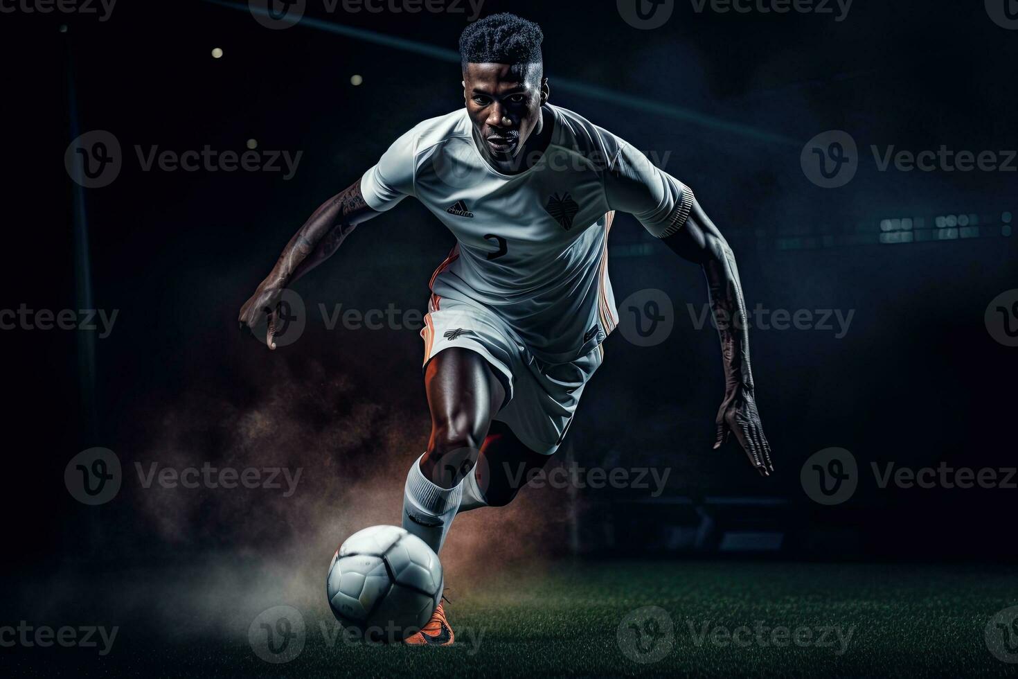 porträtt professionell fotboll spelare dribblingar boll ai generativ foto