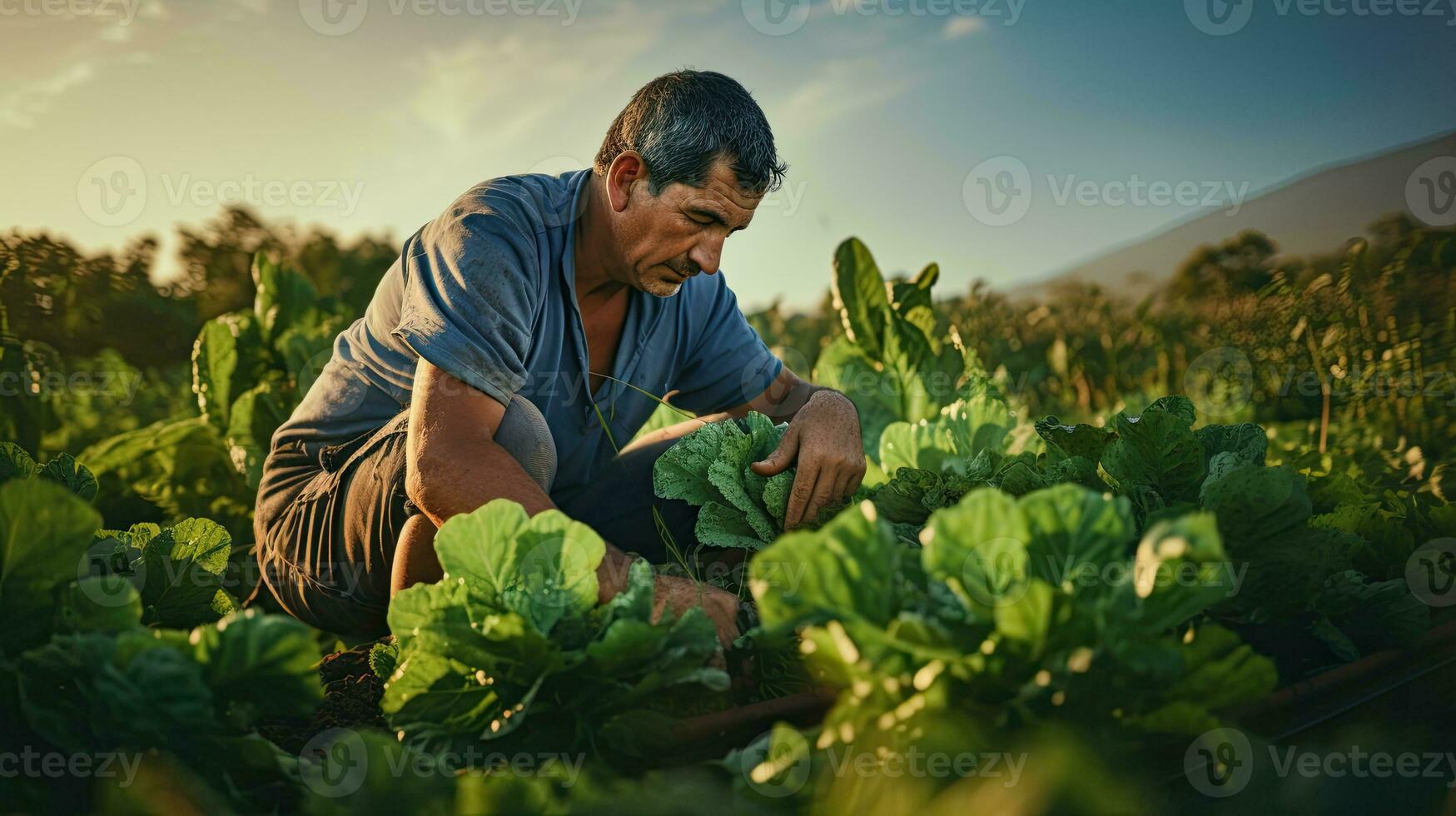 porträtt jordbrukare plockning grönsaker ai generativ foto