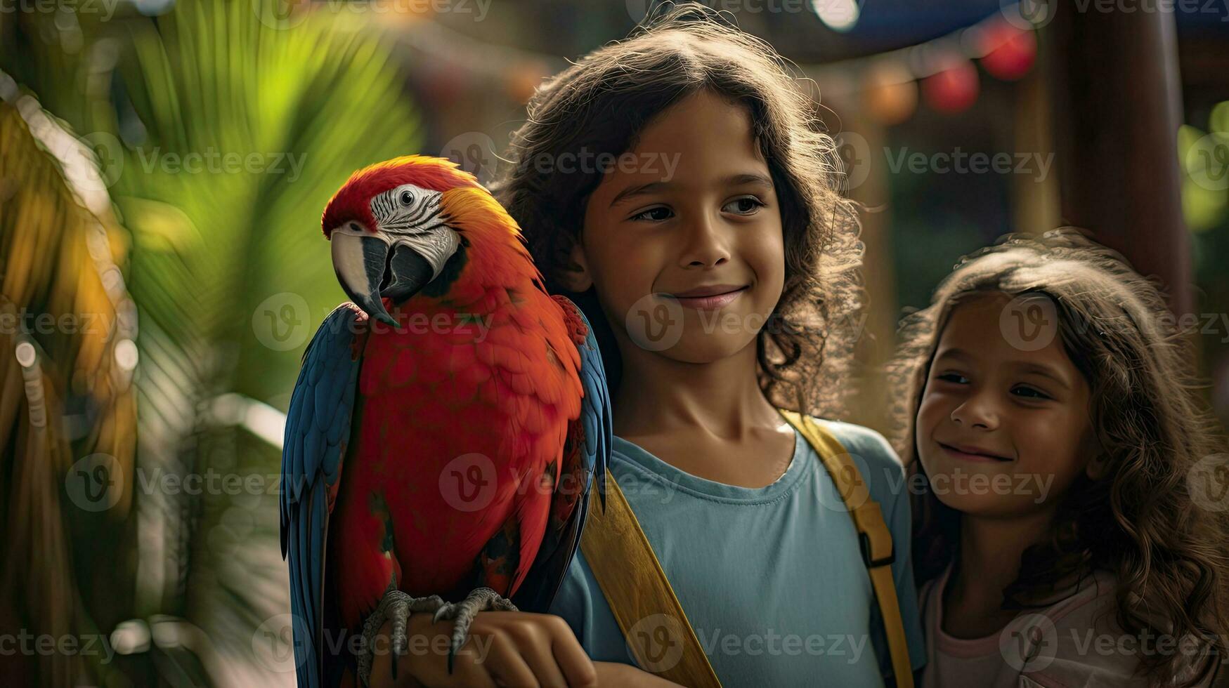 porträtt barn med papegoja i de Zoo med ljus exponering ai generativ foto