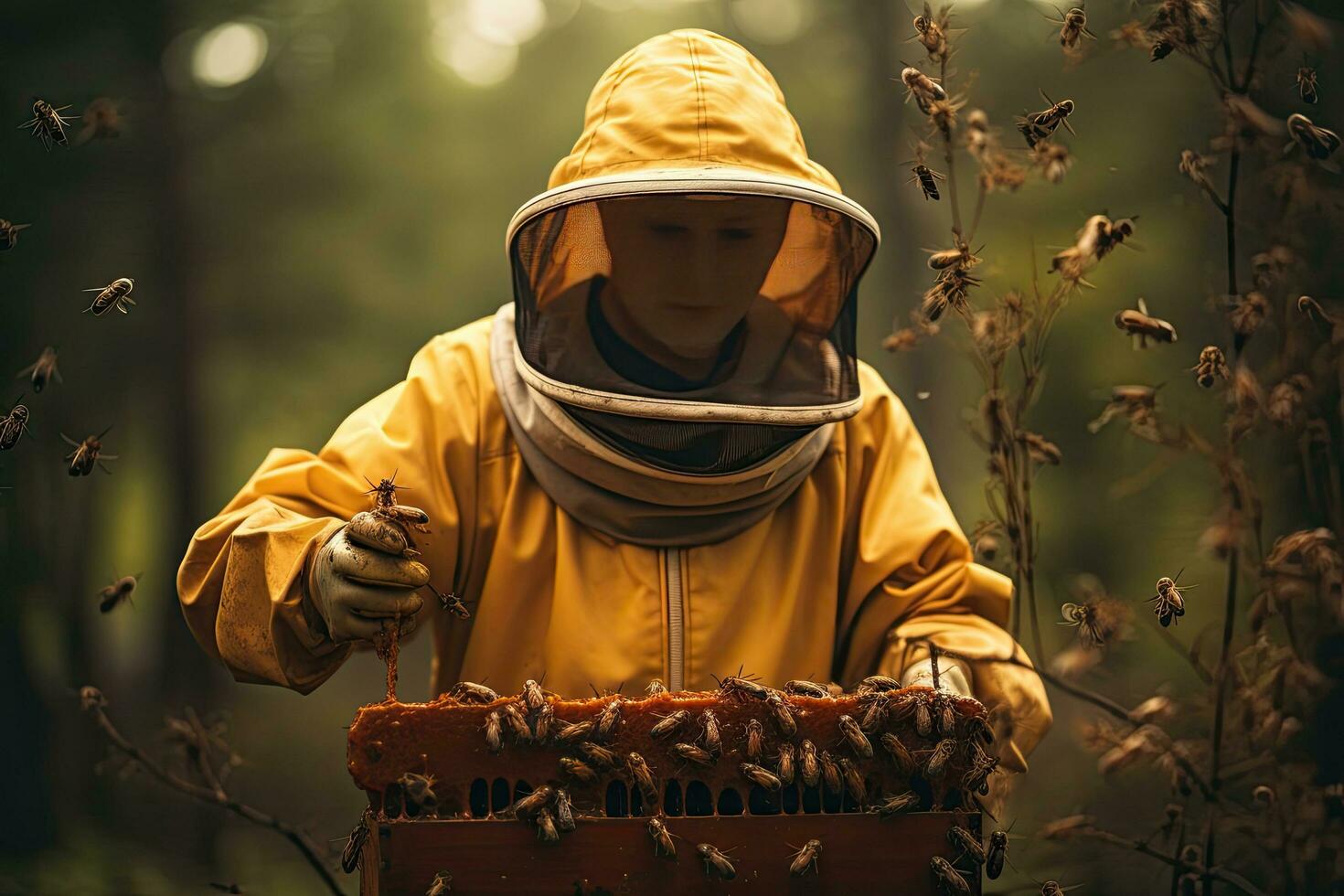biodlare i gul skyddande kostym innehav vaxkaka med bin på bigård, biodlare med skydd kostym och hjälm innehav vaxkaka med bin, ai genererad foto