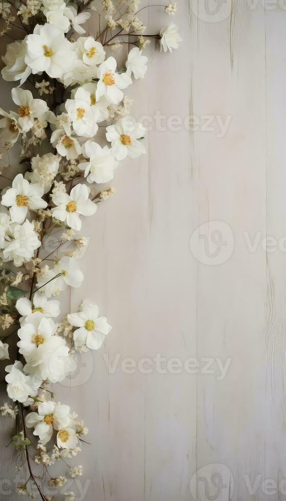 sandig vit antik tabell med vit blommor om på den ai genererad foto