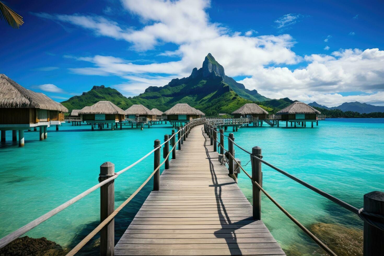 tropisk ö med vatten bungalows och trä- brygga, bora bora ö, franska polynesien, ai genererad foto