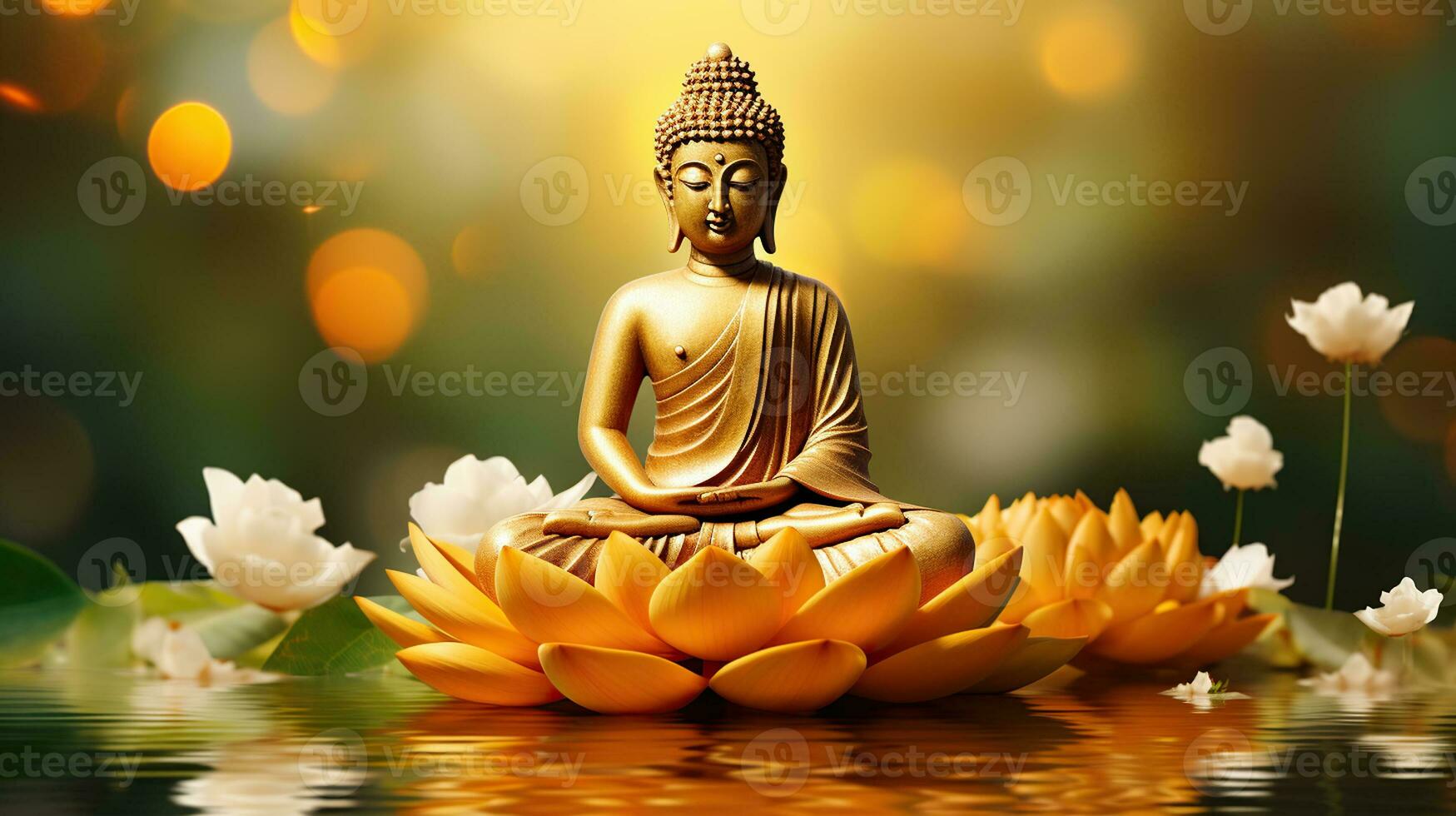 buddha stående på lotus blomma på orange bakgrund. generativ ai foto