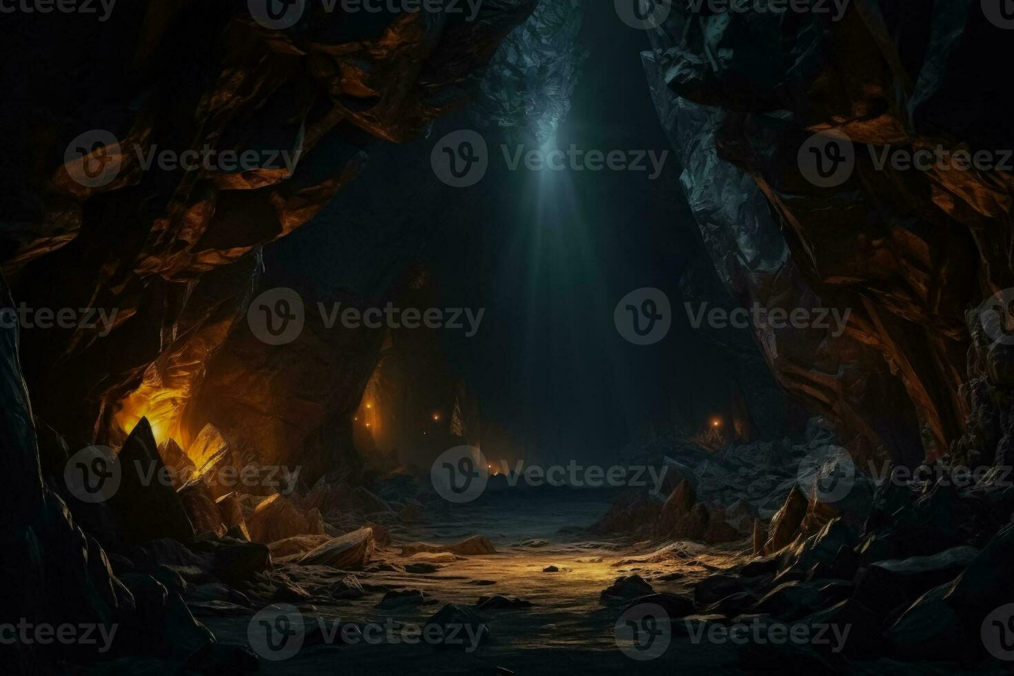 dyster grotta ingångar under kusligt lampor bakgrund med tömma Plats för text foto