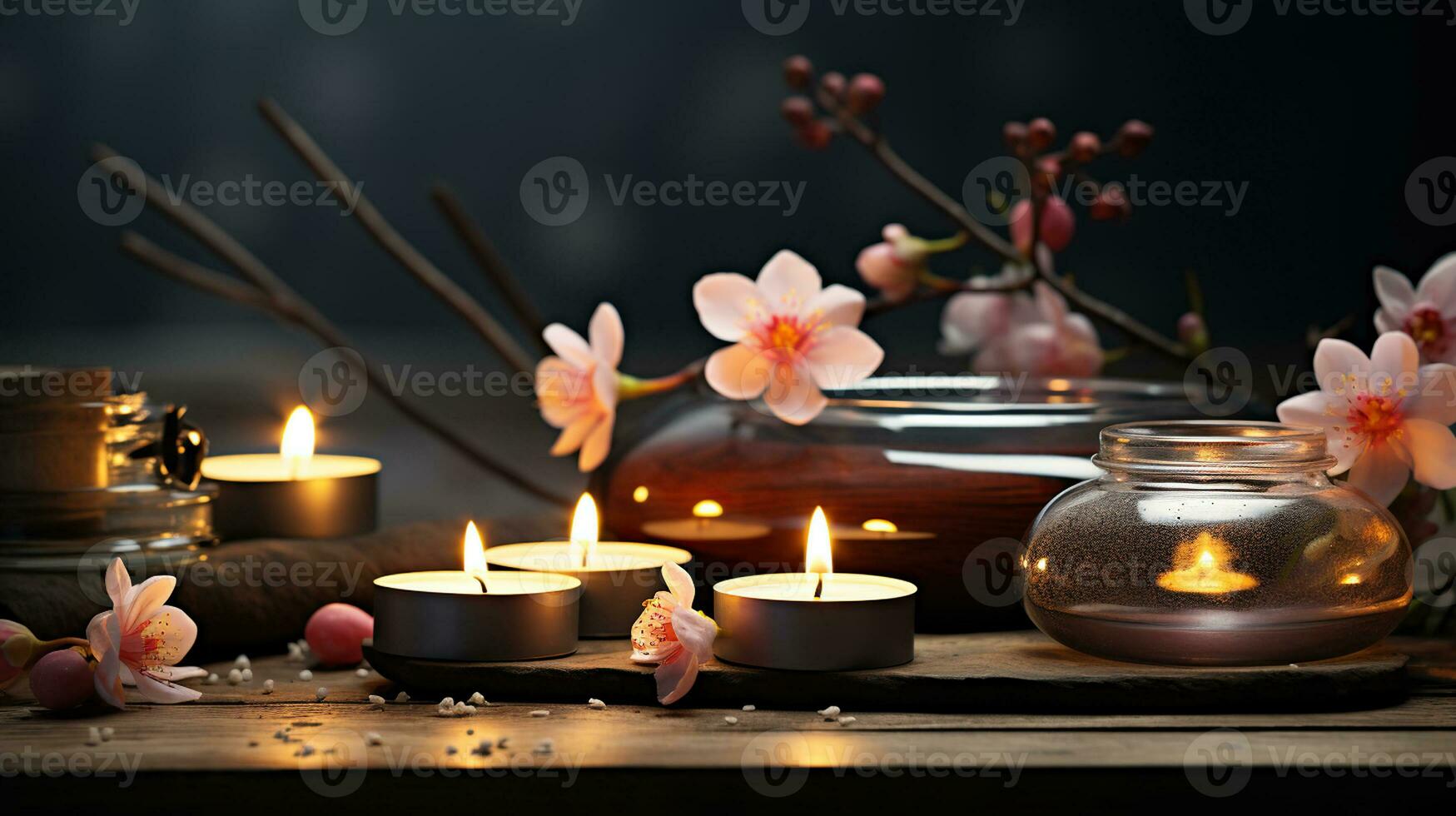 zen lugn. aromaterapi wellness massage med ljus och blommor. generativ ai foto