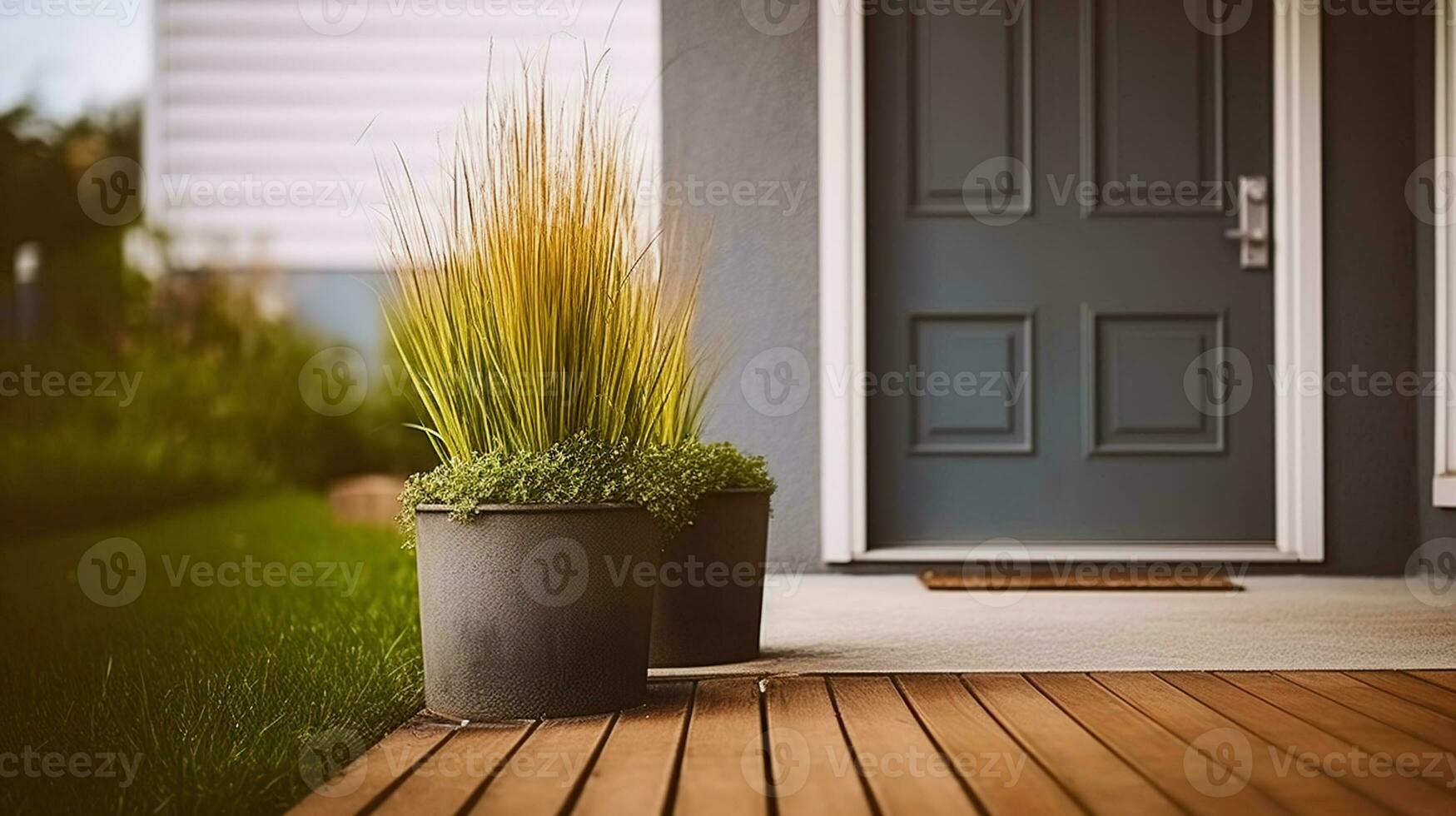 inlagd gräs och trä- gångväg i en eleganta förorts hus. generativ ai foto