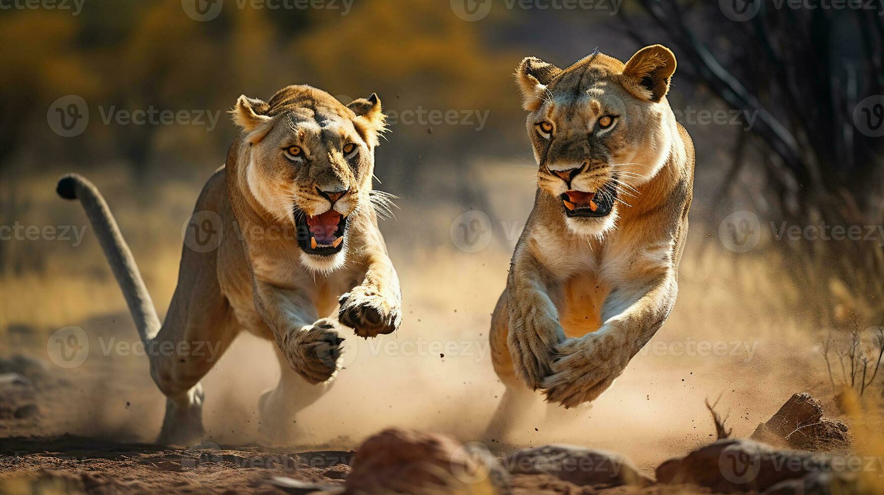 våldsam lejoninnor förlova sig i en spännande naturlig predatory duell foto