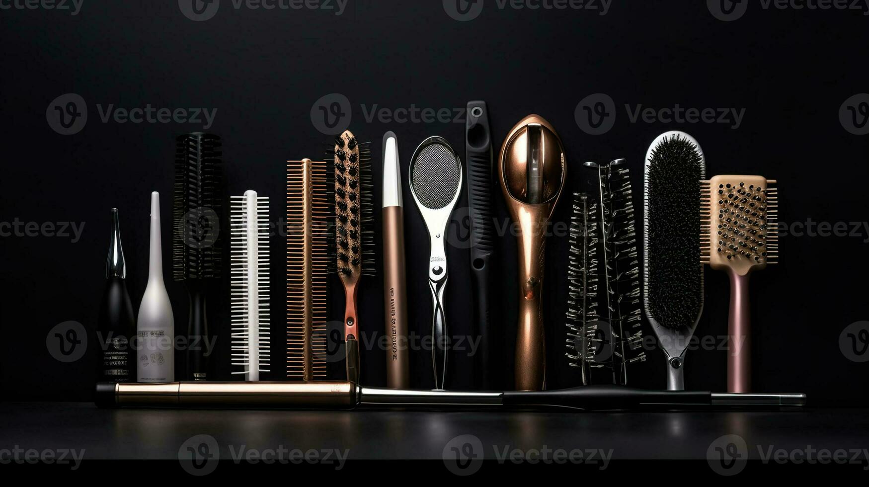 stylists hemligheter. samling av professionell frisör verktyg anordnad på mörk bakgrund, generativ ai foto