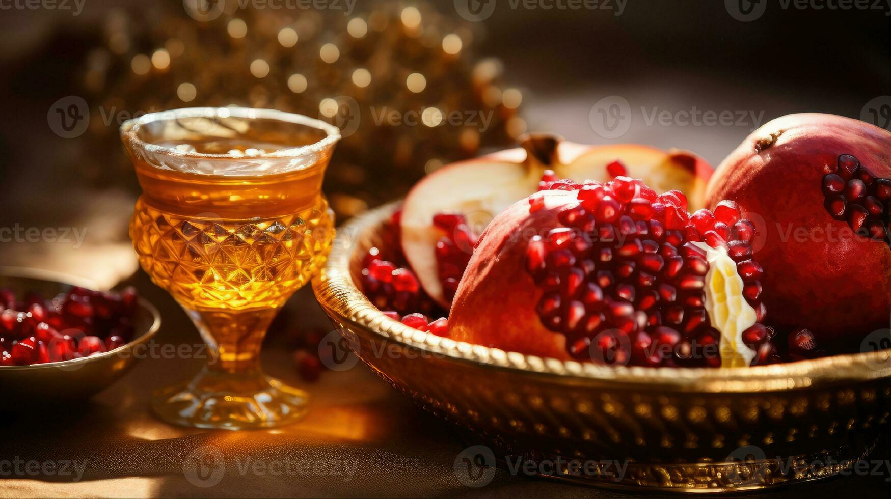 rosh hashanah - jewish ny år Semester begrepp. skål ett äpple med honung, granatäpple är traditionell symboler av de Semester foto