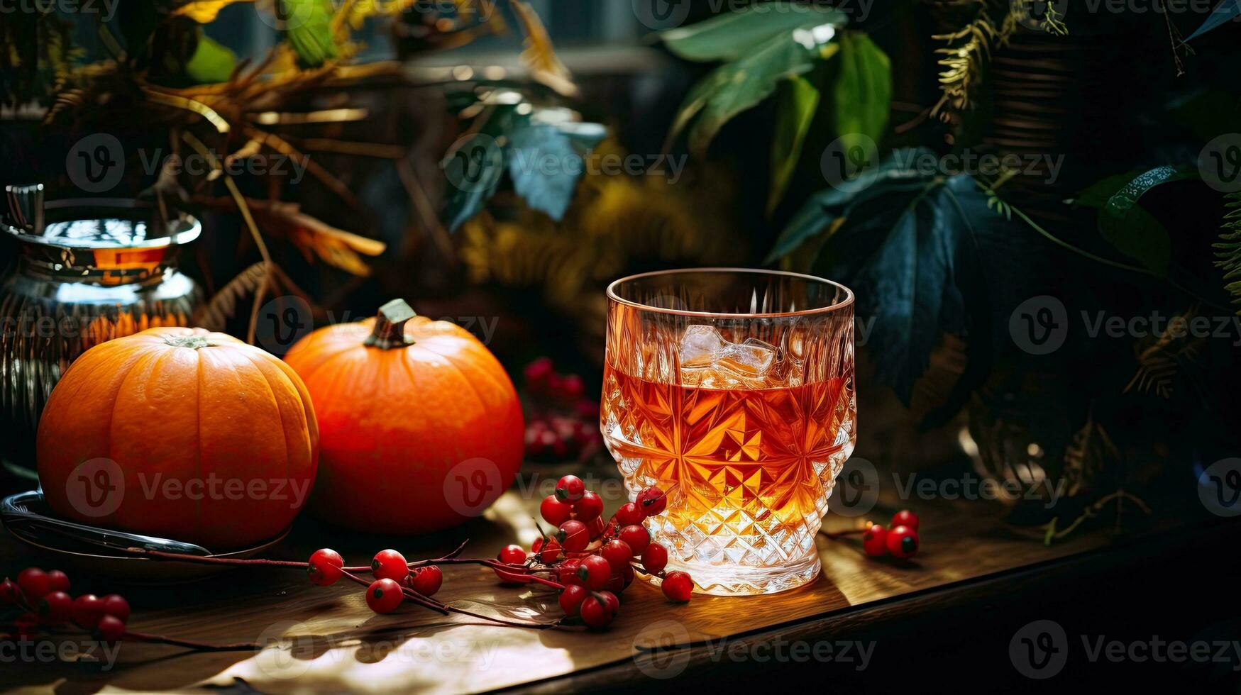 en glas cocktail med höst blad på de tabell ai generativ foto