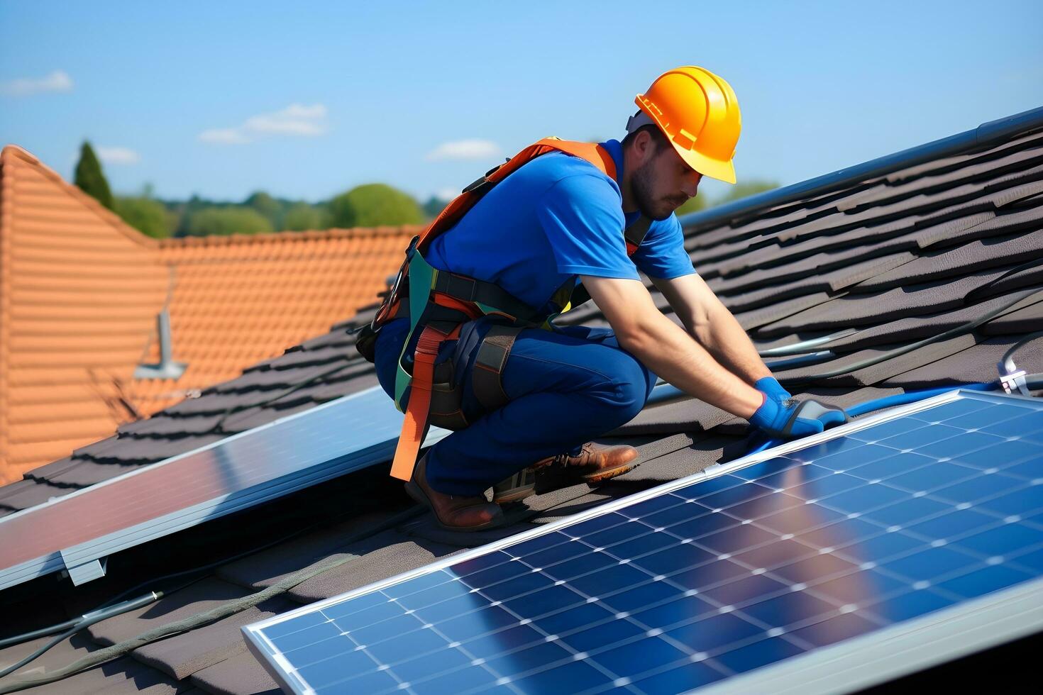 sol- kraft ingenjör montera sol- paneler på de tak. generativ ai foto