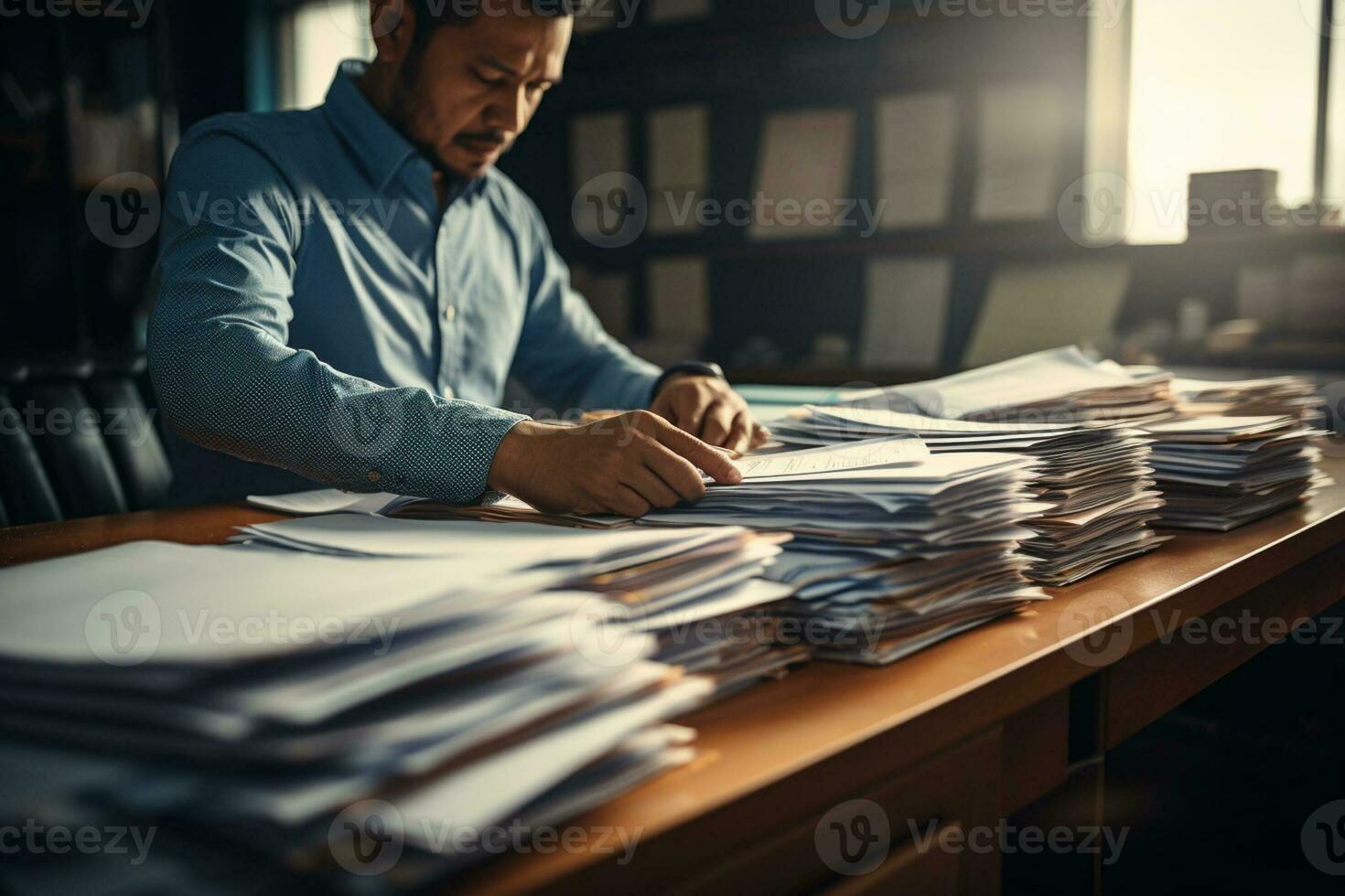 en man hård arbetssätt med en massa av papper på arbete tabell foto