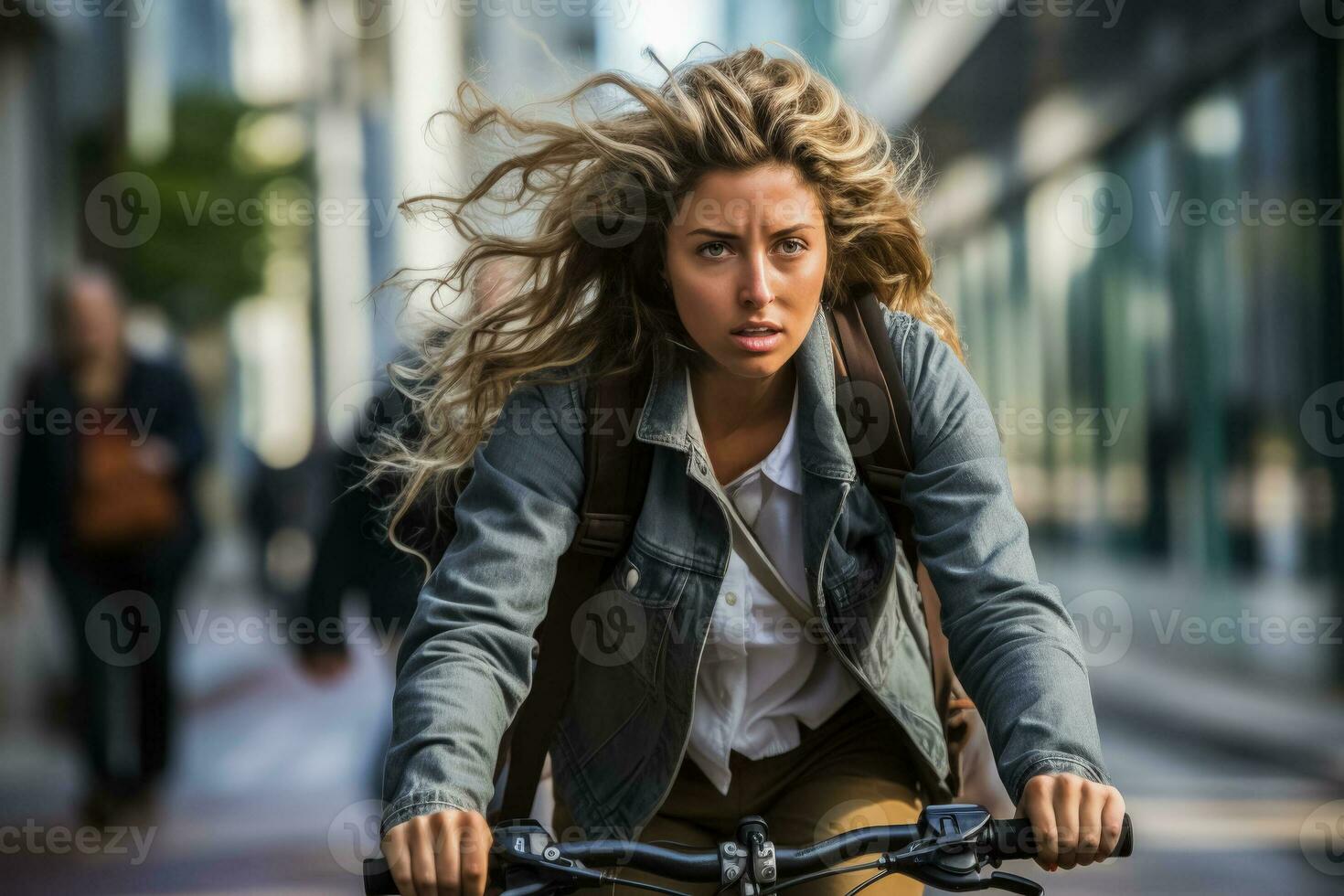 utmattad en kvinna stad pendlare pedaler Hem från arbete på henne cykel foto