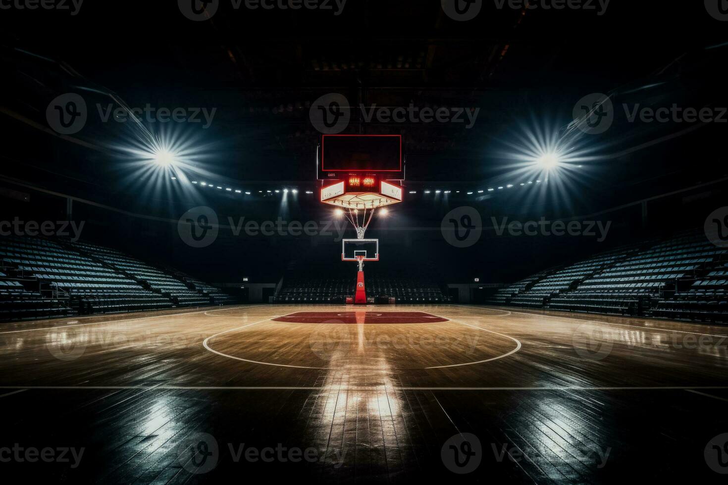 dramatiskt belyst tömma basketboll arena se från fri kasta linje foto