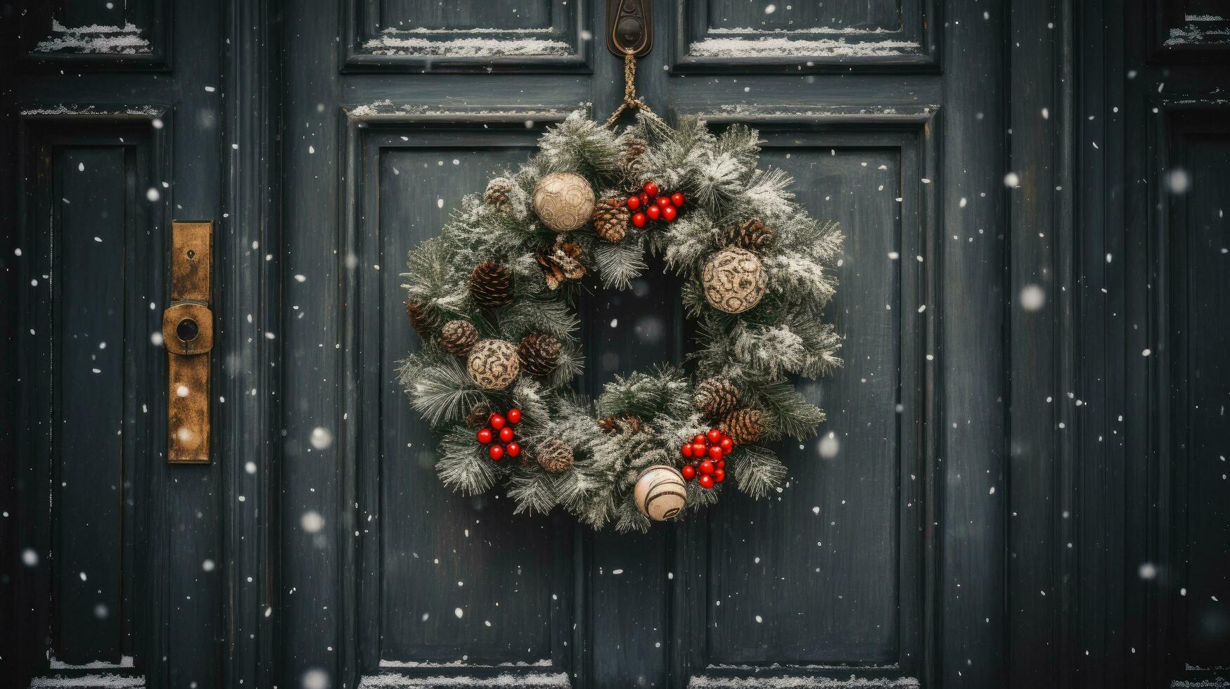en festlig krans hängande på en trä- dörr, omgiven förbi faller snöflingor foto