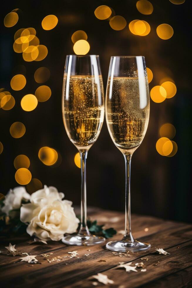 gnistrande champagne glasögon i en festlig ny år eve uppstart foto