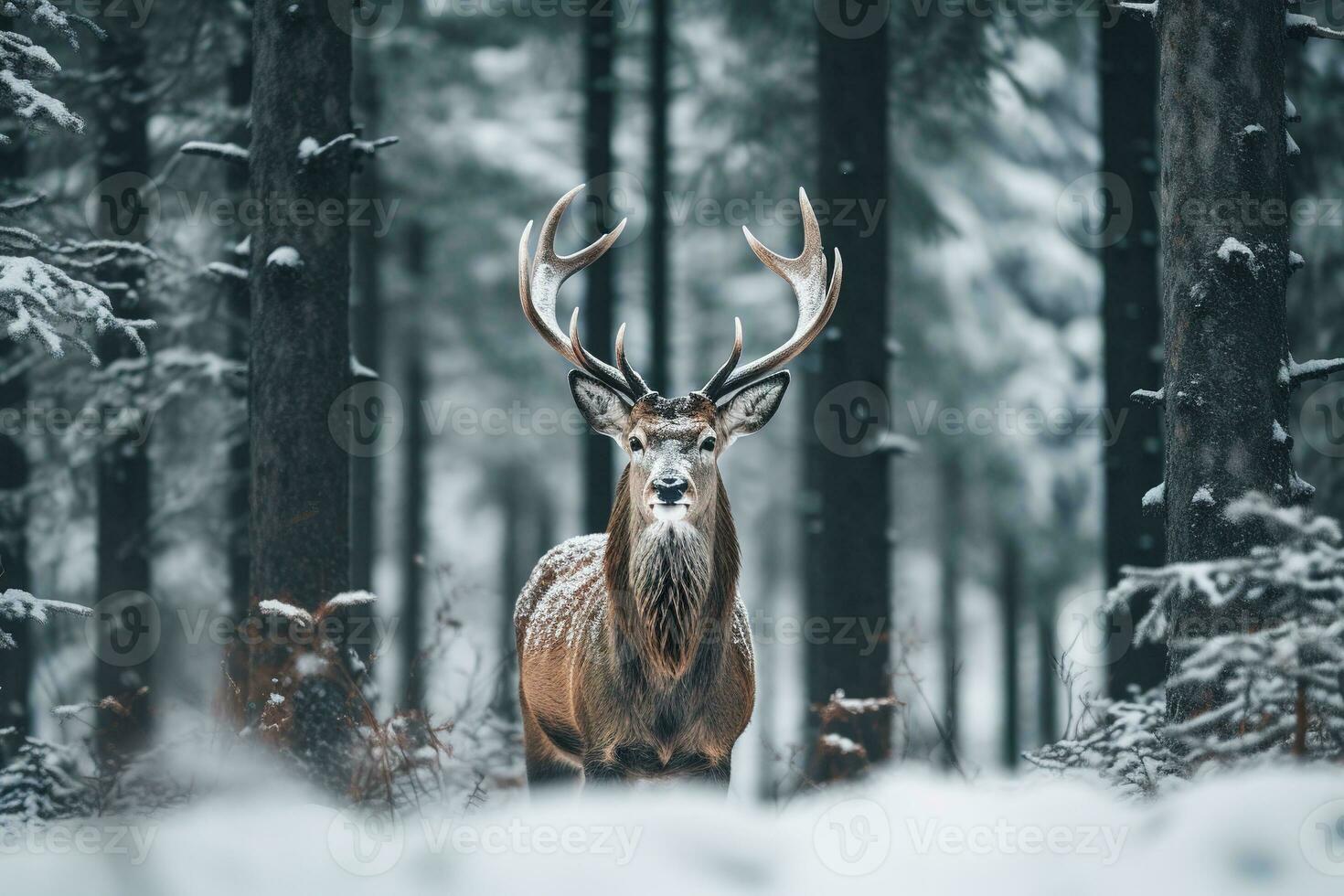 en rådjur står i främre av en snö täckt fält i en vinter- skog. generativ ai foto