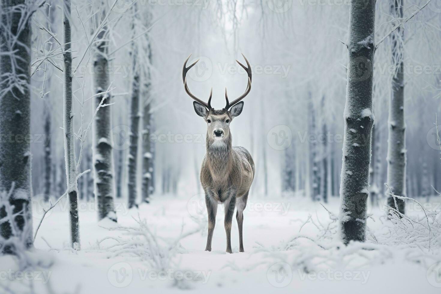 en rådjur står i främre av en snö täckt fält i en vinter- skog. generativ ai foto