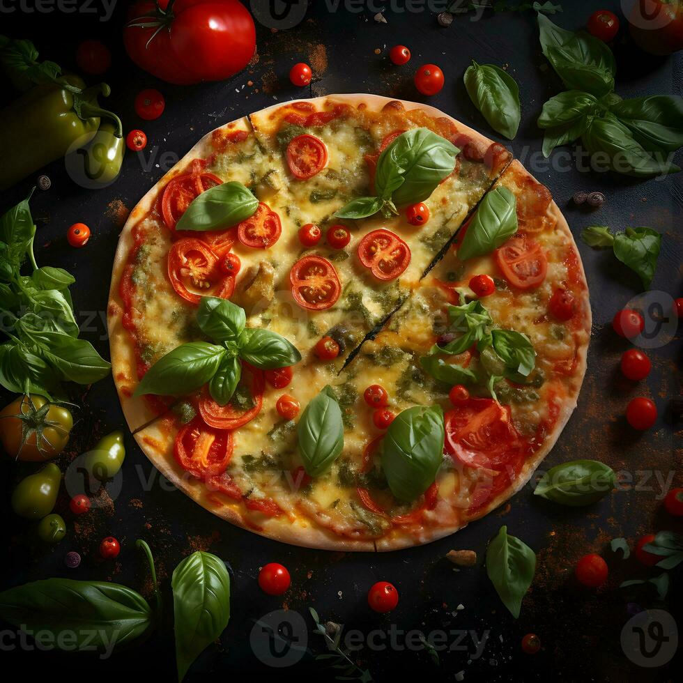 vegetabiliska pizza med ost och tomater. hög upplösning. ai generativ foto