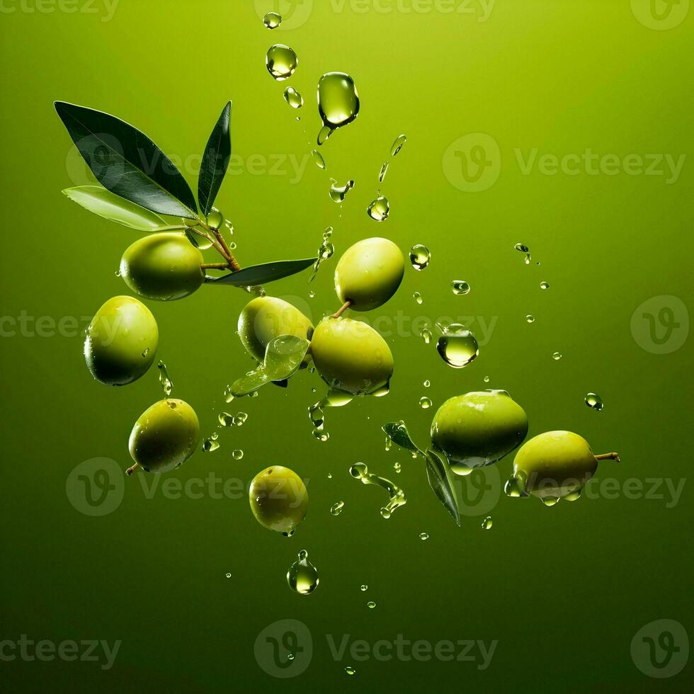 oliver och oliv olja flytande på en grön bakgrund. hög kvalitet ai generativ foto