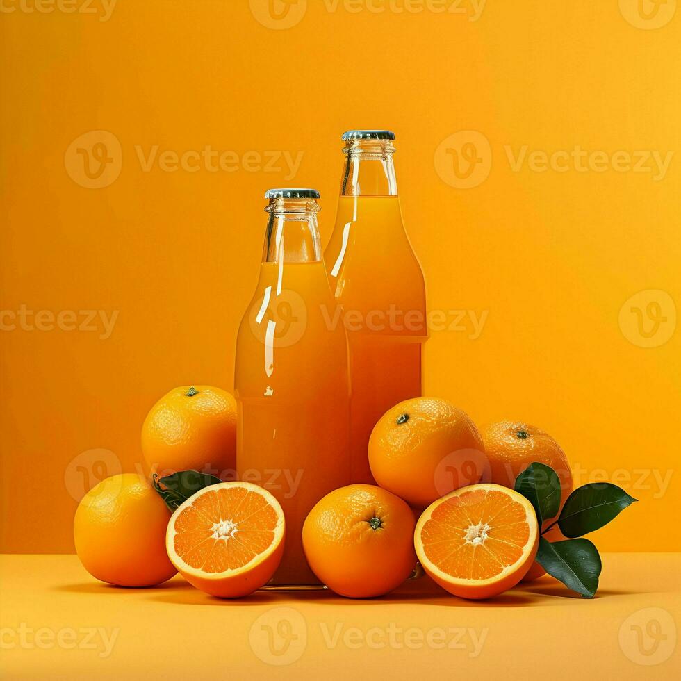 orange med juice i glas flaskor på orange bakgrund. hög upplösning. ai generativ foto