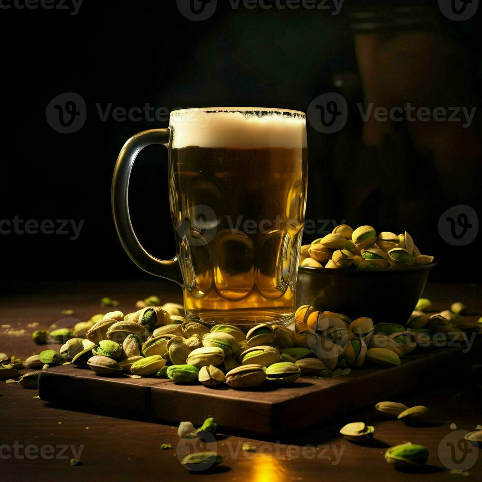 pistaschmandlar på en tallrik och öl i de glas. hög upplösning. ai generativ foto
