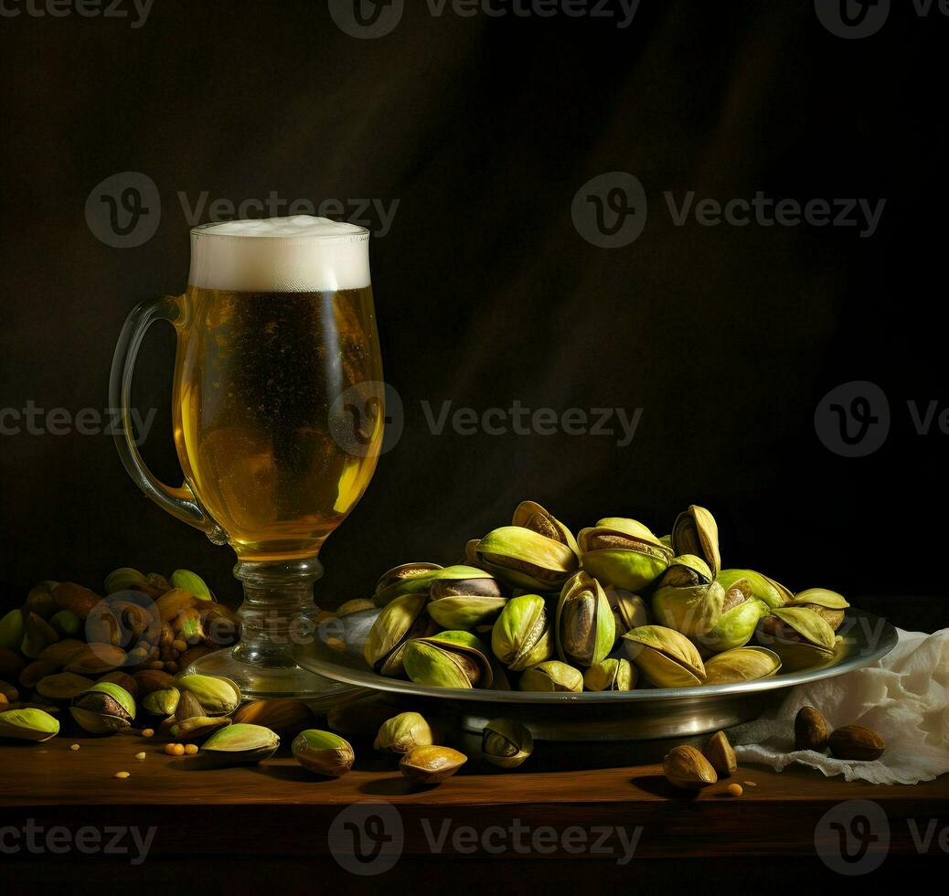 pistaschmandlar på en tallrik och öl i de glas. hög upplösning. ai generativ foto