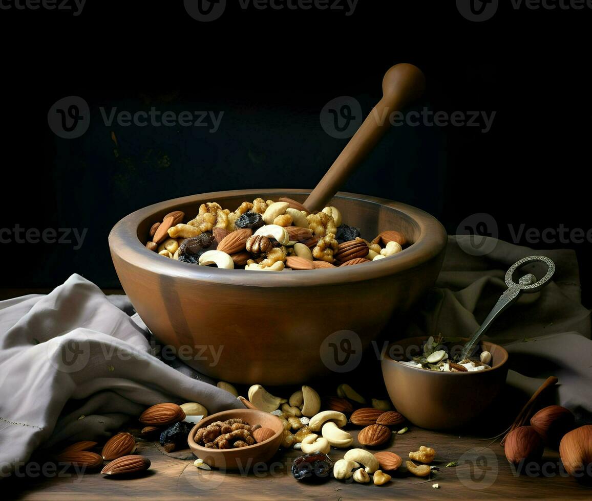 skål av blandad nötter och frön med en trä- sked. hög resolution.ai generativ foto