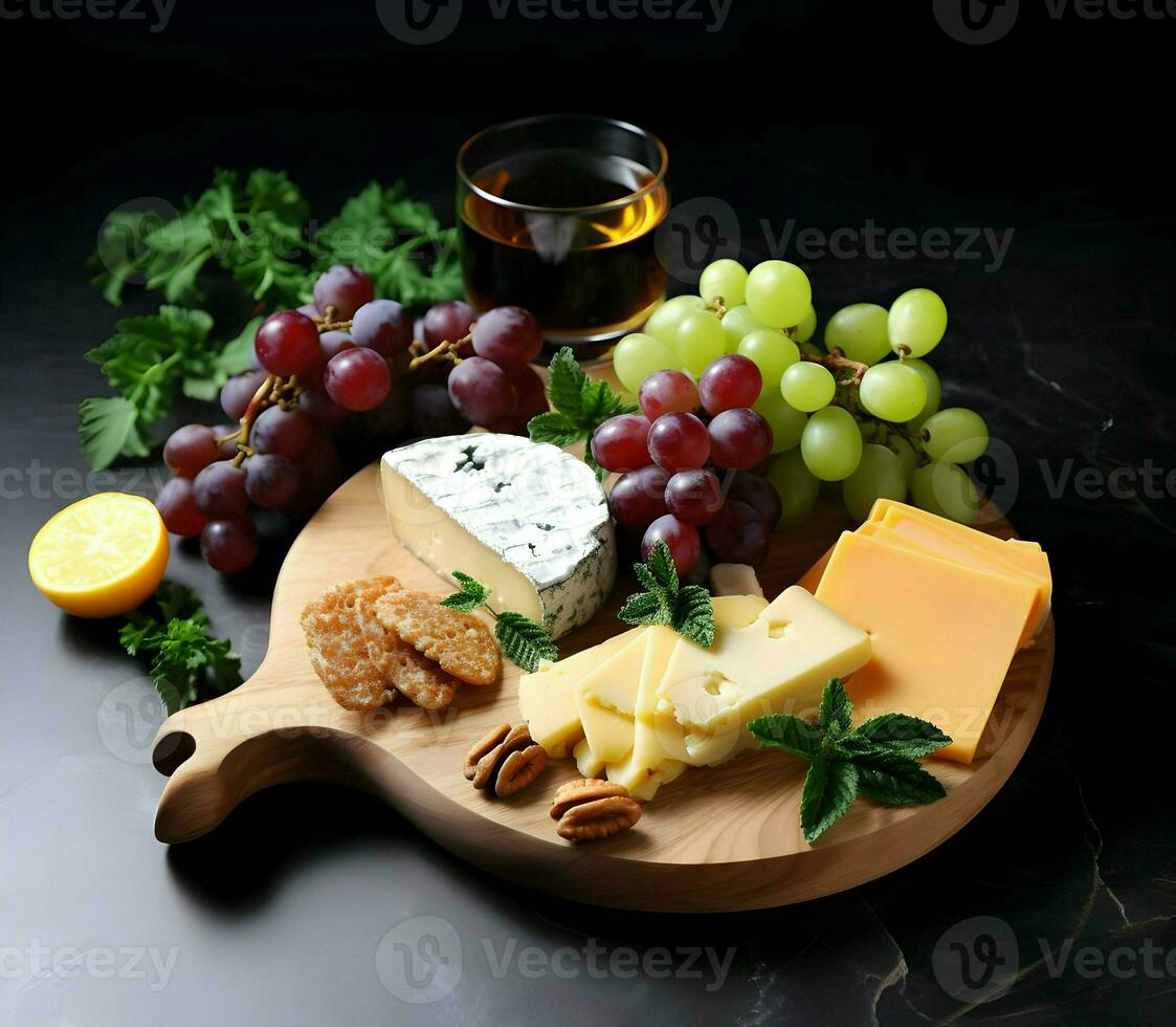 organisk druva och ost på trä- tallrik. hög upplösning. ai generativ foto