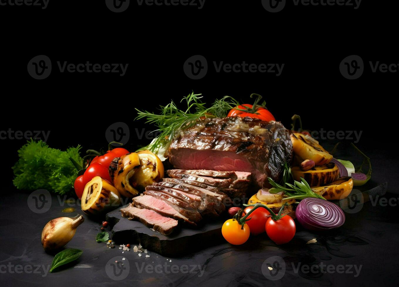 skivad bra gjort kött med grillad grönsaker på en mörk bakgrund. hög kvalitet. ai generativ foto